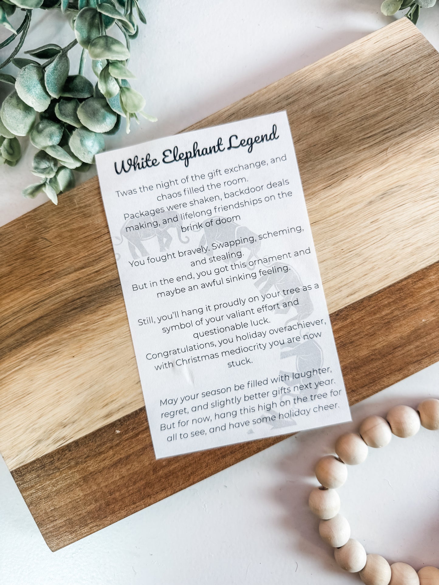 White Elephant Legend Ornament | Funny Christmas 2025 Gift Exchange Story Ornament