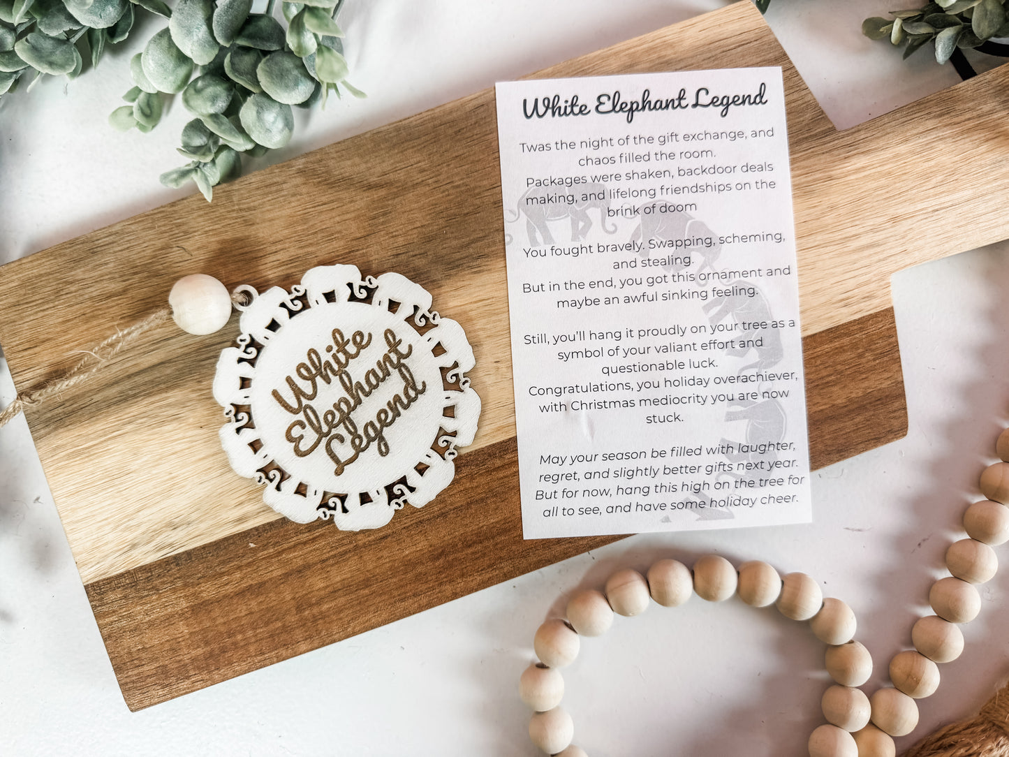 White Elephant Legend Ornament | Funny Christmas 2025 Gift Exchange Story Ornament
