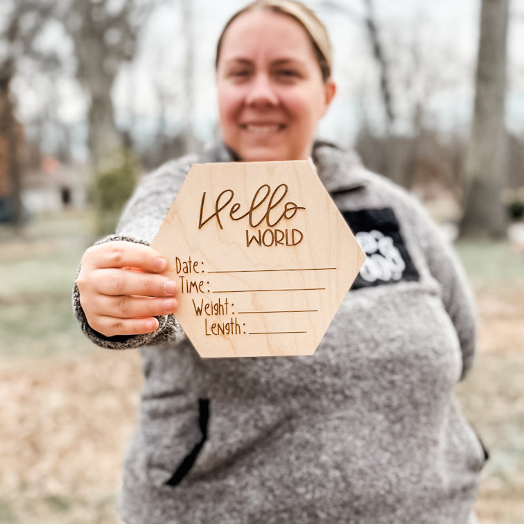 Hello World Wooden Birth Announcement Sign – 7x6 Inch Hexagon Baby Arrival Keepsake