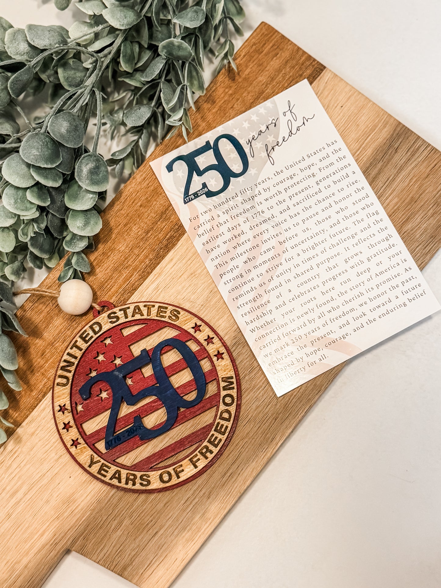 250 Years of Freedom Ornament | America 250 Keepsake | Patriotic Wooden Christmas Ornament | 1776-2026 Decor