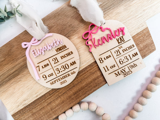 Custom Birth Stat Ornament • Personalized Baby Stats • Wood & Acrylic Keepsake • Round or Arch Shape • With or Without Bow