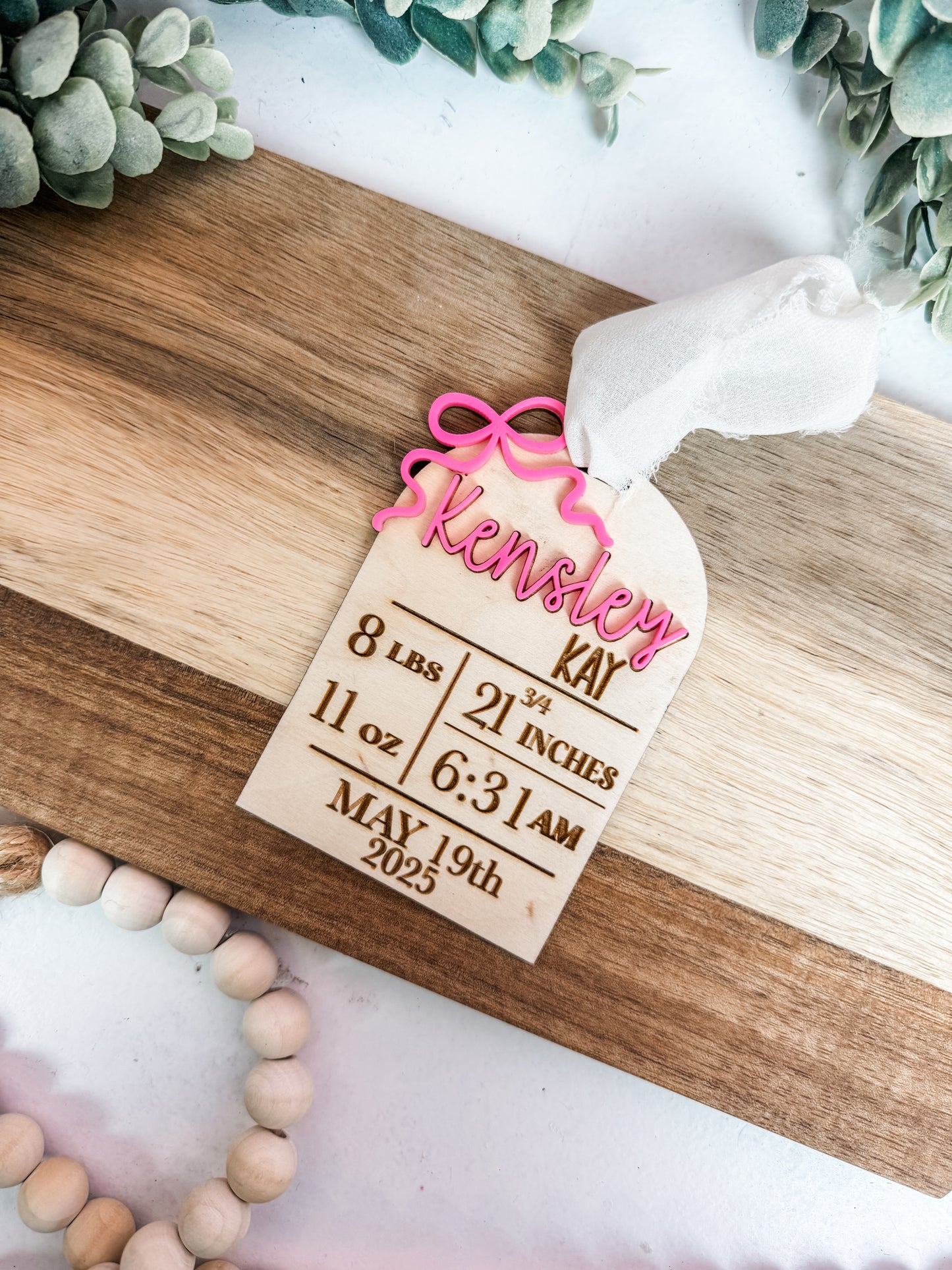 Custom Birth Stat Ornament • Personalized Baby Stats • Wood & Acrylic Keepsake • Round or Arch Shape • With or Without Bow