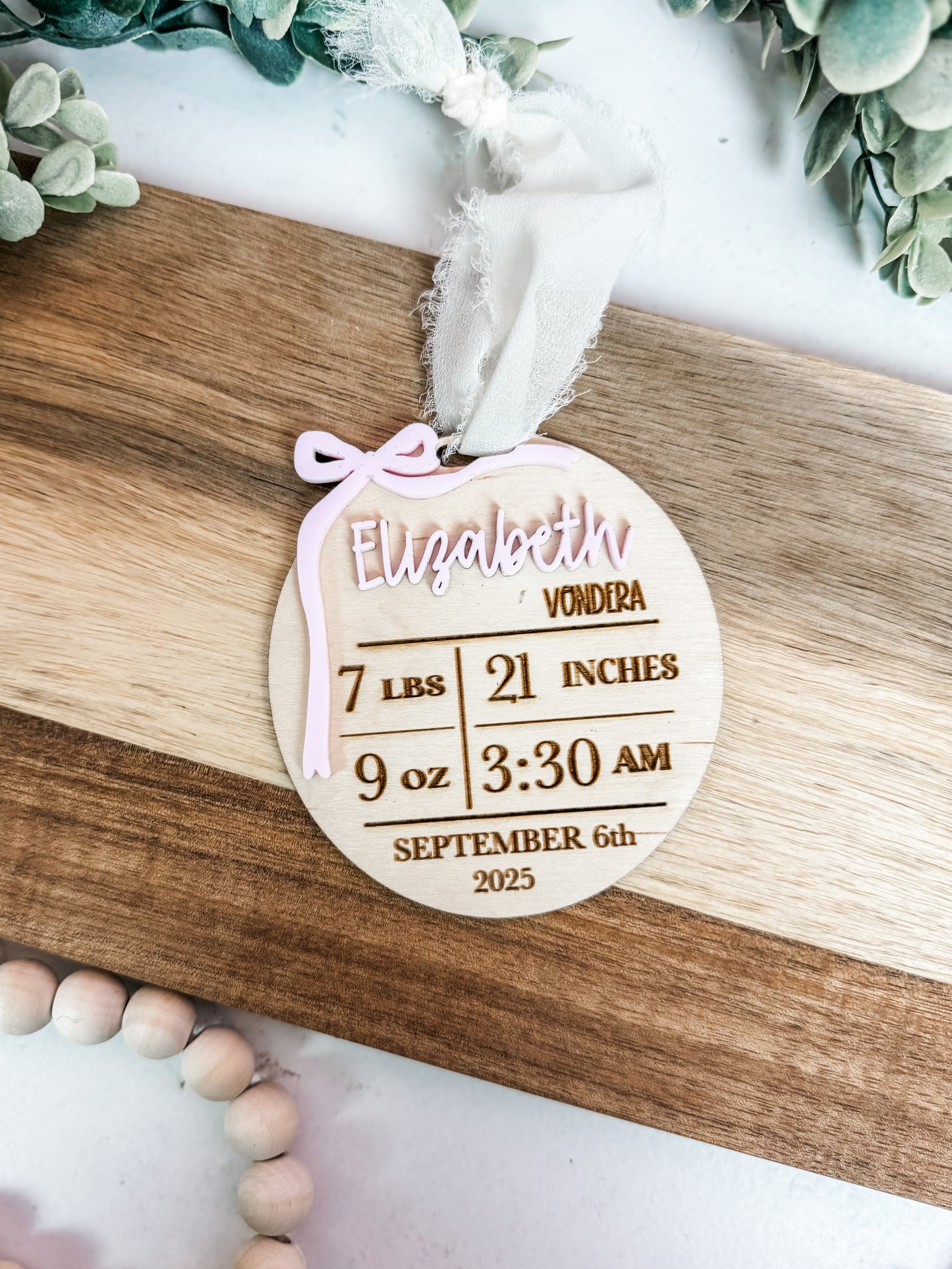 Custom Birth Stat Ornament • Personalized Baby Stats • Wood & Acrylic Keepsake • Round or Arch Shape • With or Without Bow