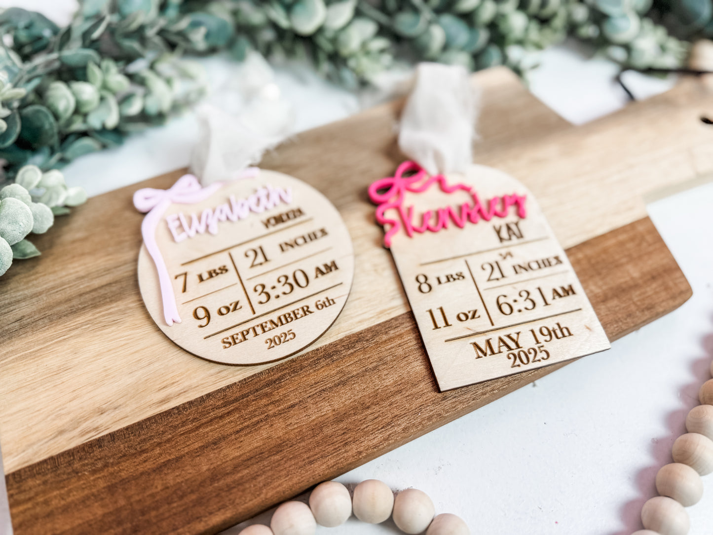 Custom Birth Stat Ornament • Personalized Baby Stats • Wood & Acrylic Keepsake • Round or Arch Shape • With or Without Bow