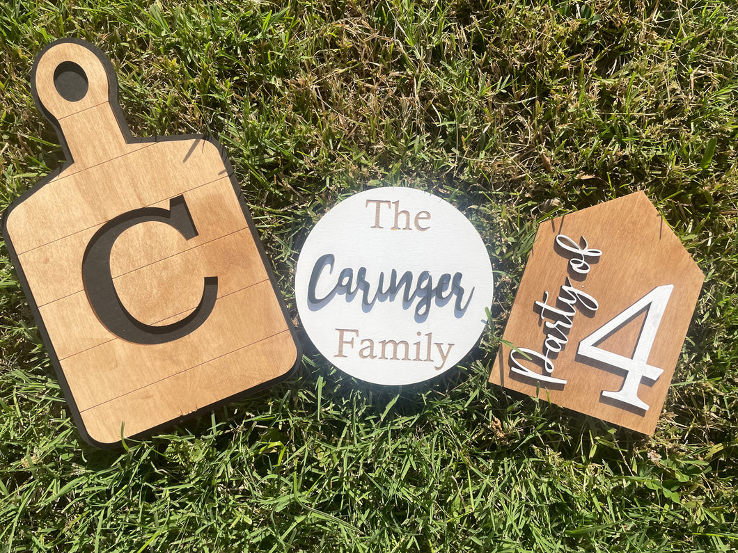 Personalized Family Tiered Tray Bundle – Cutting Board, Family Name Sign, Party of # Sign